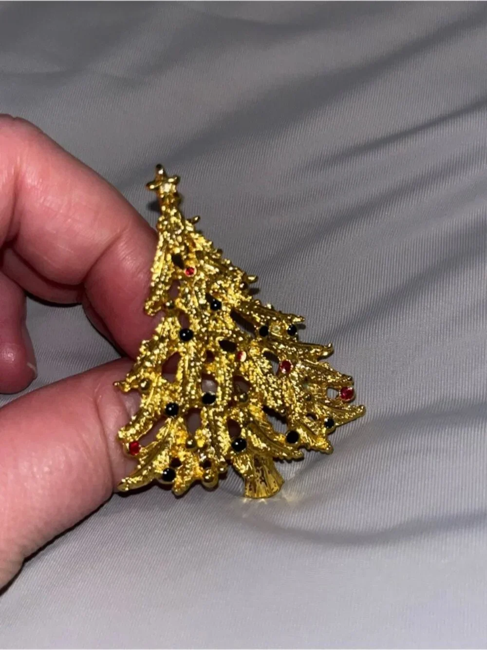 Vintage Gold-Tone Christmas Tree Brooch with Red & Black Accents